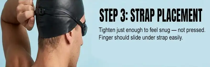 Step 3: Strap placement with swimmer having goggle strap high on head