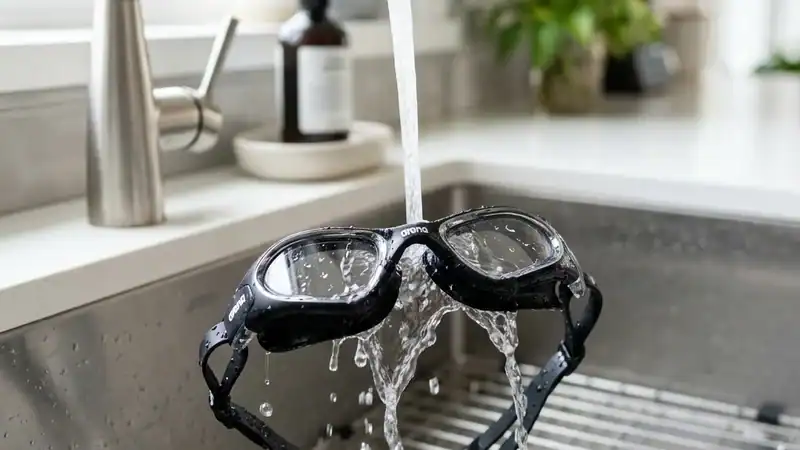 Swimming goggles being rinsed under clean cold tap water to protect anti-fog coating