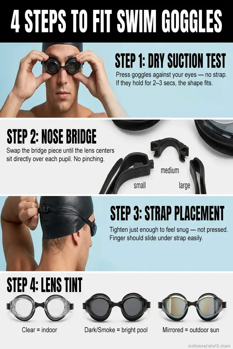 4 steps to fit swim goggles: dry suction test, nose bridge sizing, strap placement, and lens tint selection
