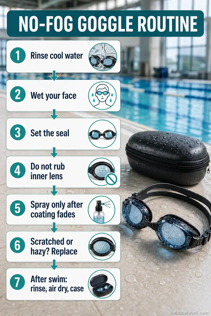 Step-by-step no-fog routine for swim goggles showing cool rinse, seal check, spray, and storage.