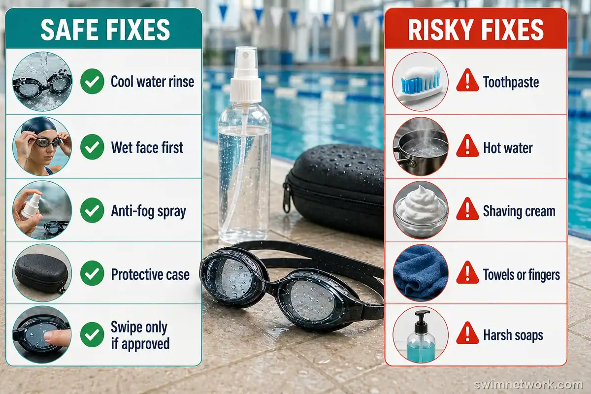Safe and risky swim-goggle fog fixes compared beside goggles on a pool deck.