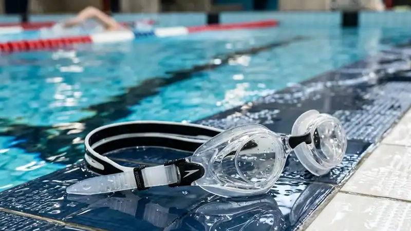 Clear swimming goggles resting on wet tiles at an indoor pool