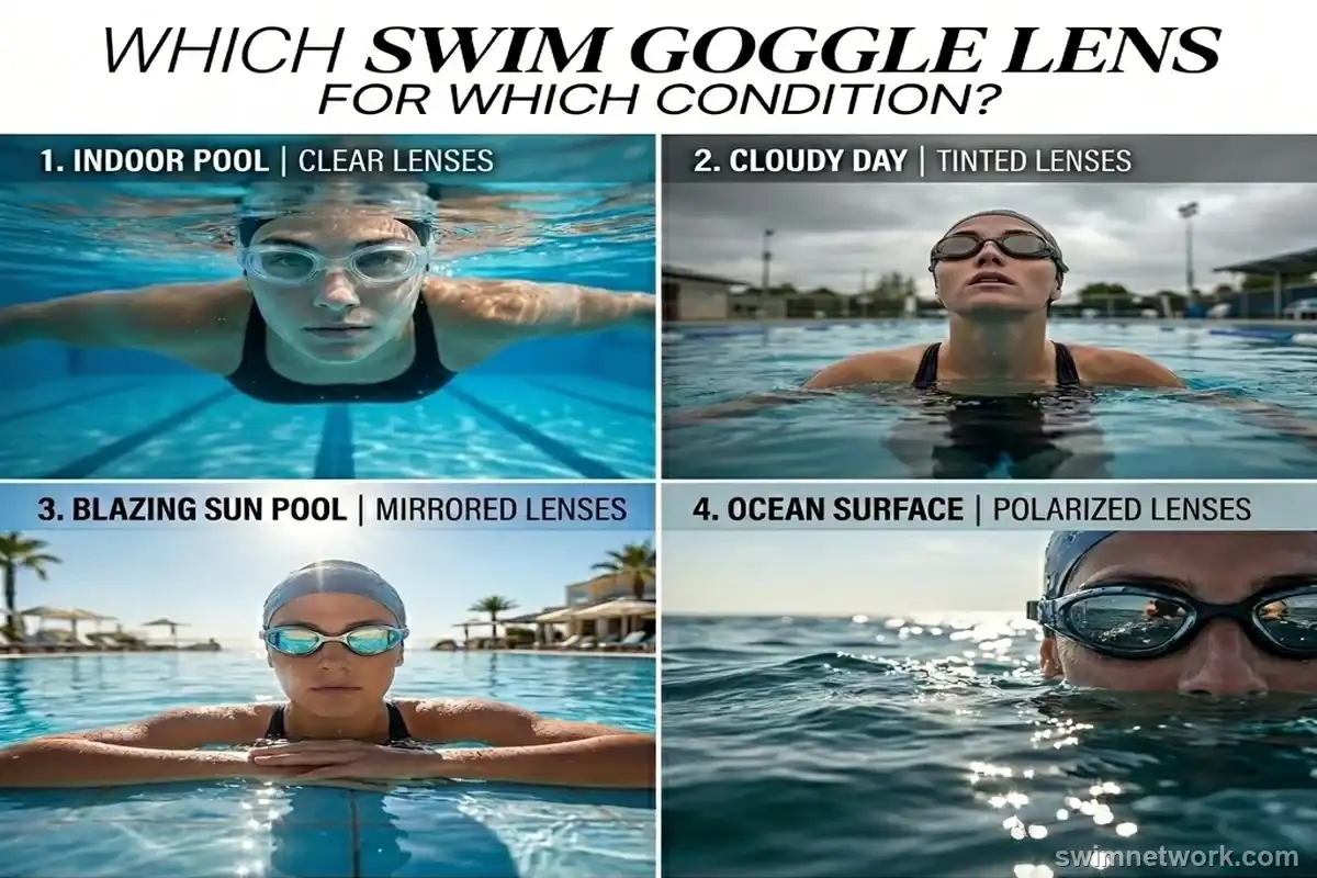 4-quadrant visual guide to swim goggle lenses showing indoor, cloudy, bright, and open water scenarios