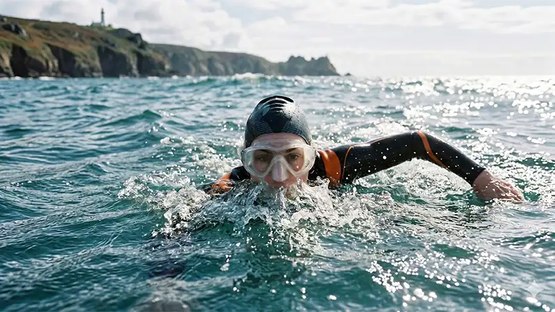 Open water swimmer in swim mask using crocodile eye sighting technique.