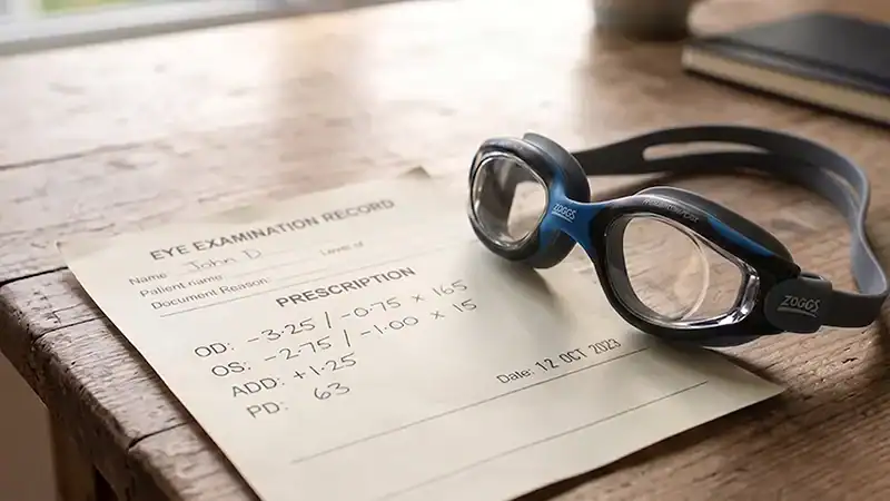 A standard optical eye prescription paper resting on a wooden desk next to a pair of premium black and blue swimming goggles.