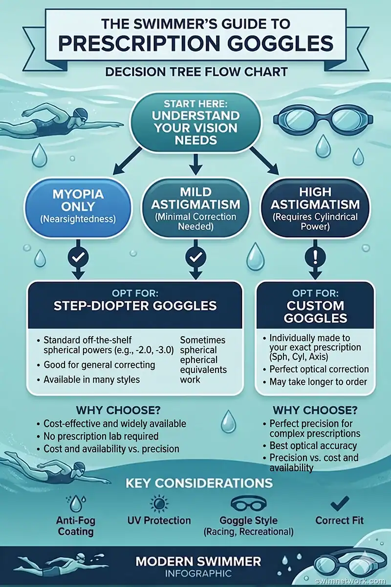 A decision tree flowchart for choosing prescription swim goggles based on astigmatism severity.