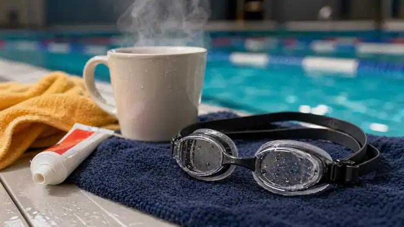 Swim goggles beside hot water and toothpaste as risky leak fixes to avoid.