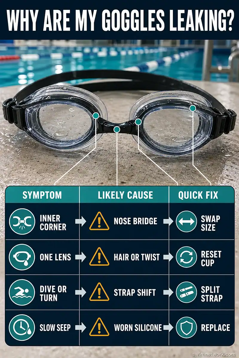 Swim goggles leak troubleshooting chart showing symptoms, likely causes, and quick fixes.