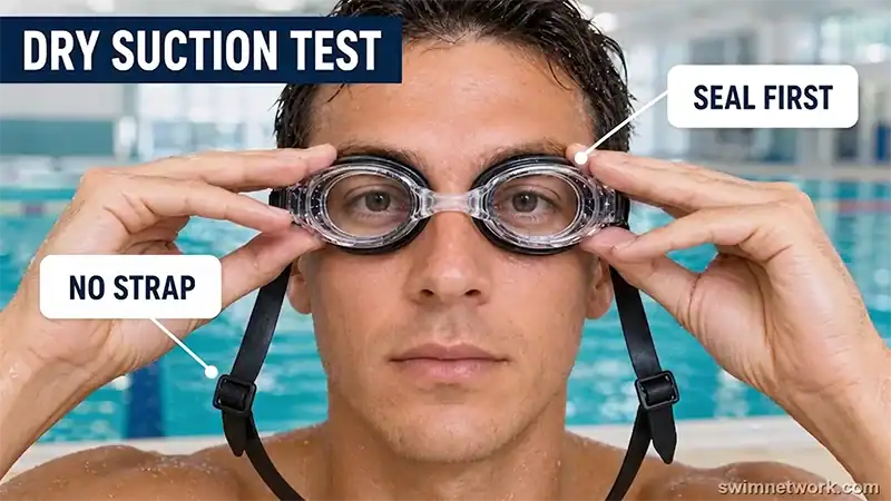 Swimmer testing goggle suction with the strap loose before entering the pool.