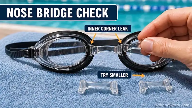 Hands swapping a swim goggle nose bridge to fix an inner-corner leak.