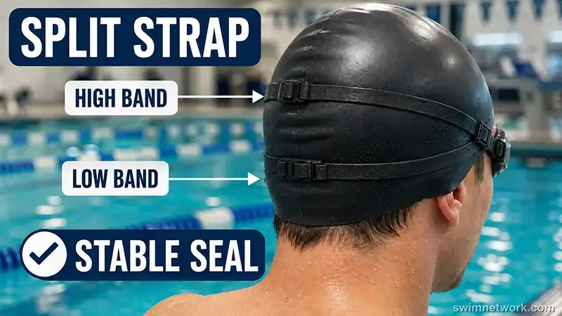 Split goggle strap positioned high and low on a swimmer's cap for a stable seal.