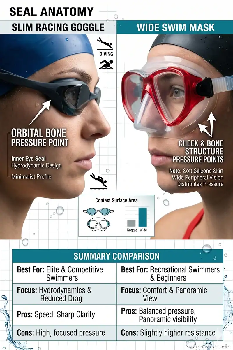 Infographic comparing swim goggle vs swim mask seal anatomy and pressure points.