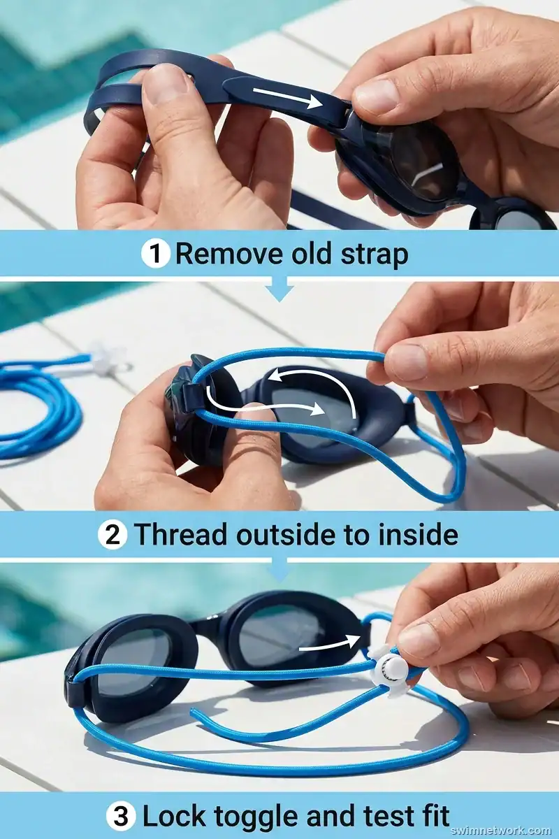 Three-step bungee strap installation guide for swim goggles.
