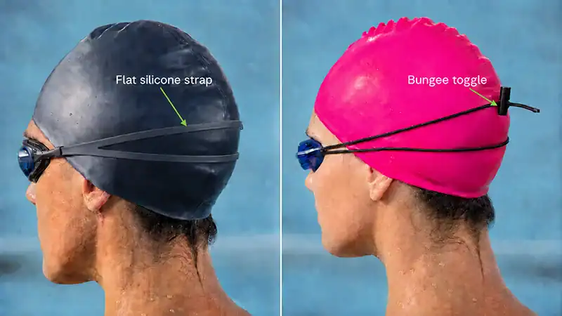 Low-profile silicone strap and raised bungee toggle shown under swim caps.