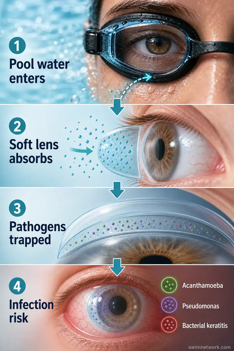 Diagram showing pool water entering swim goggles and trapping pathogens under a soft contact lens
