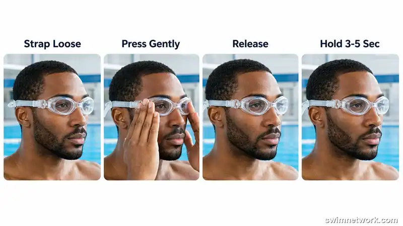Four-panel dry suction test sequence for checking swim goggle fit