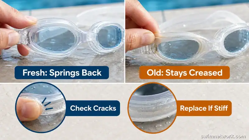 Soft versus hardened swim goggle gasket condition check