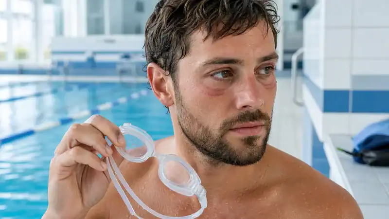 Swimmer showing pressure marks where swim goggle gaskets seal around the eyes