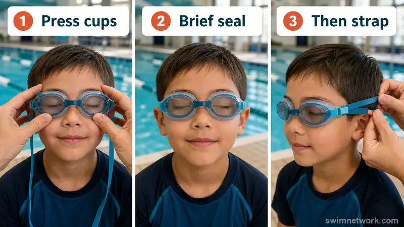 Dry suction test showing kids' goggles sealing on a child's face without the strap