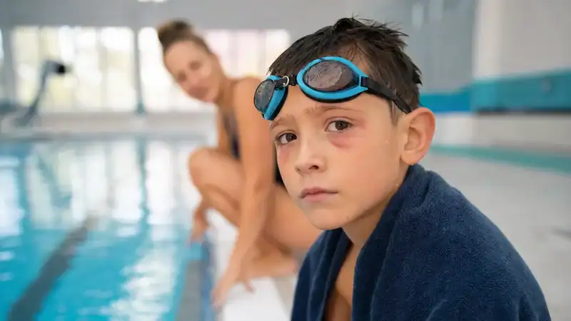 Child wearing tight swim goggles with red pressure marks while sitting at the pool edge