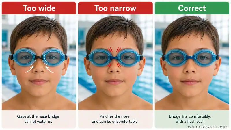 Kids' swim goggles showing too-wide, too-narrow, and correct nose bridge fit