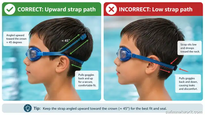 Side view of a child with a swim goggle strap angled high at 45 degrees