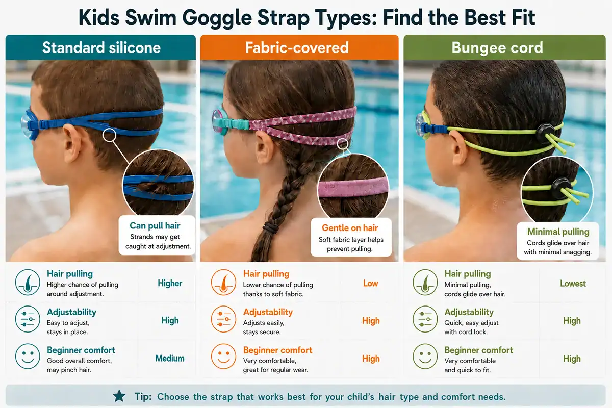 Comparison of silicone, fabric, and bungee swim goggle straps for kids' hair comfort