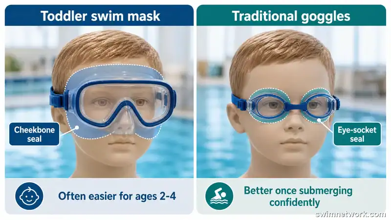 Toddler swim mask and traditional kids' goggles compared by where they seal on the face