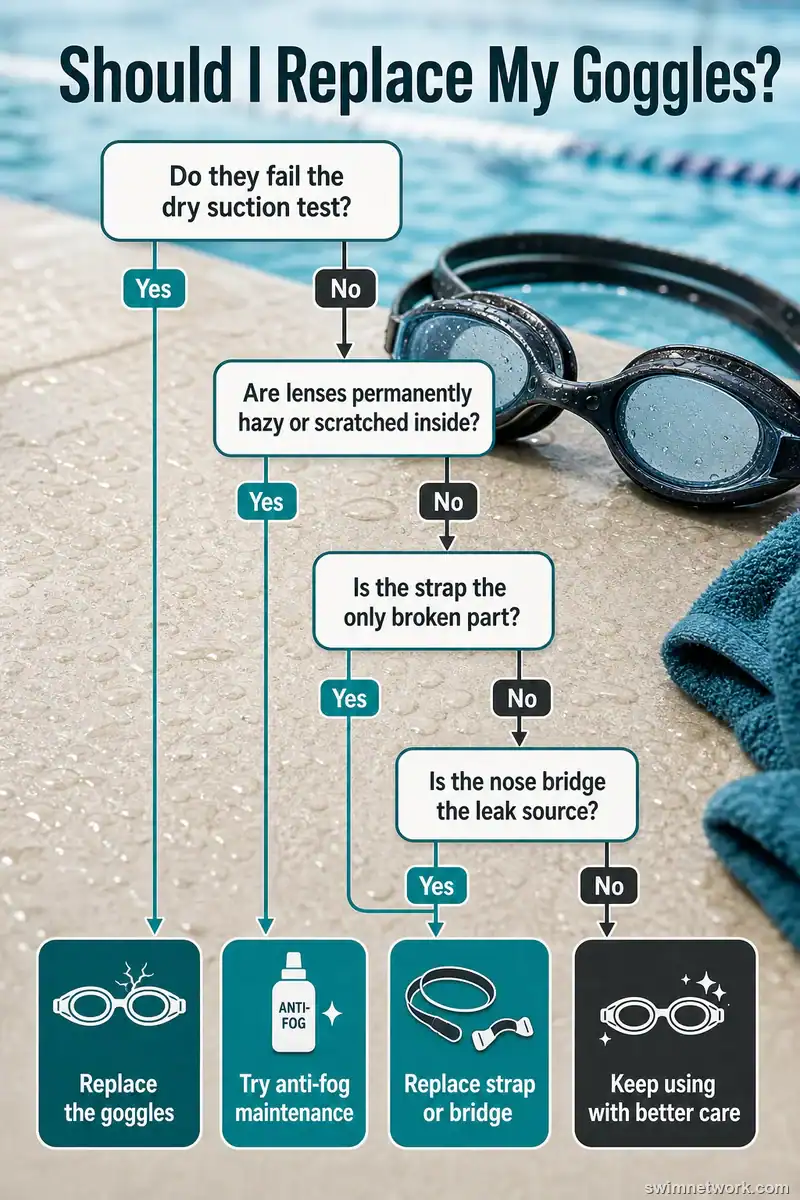 Decision tree showing when fogging, leaks, failed suction, or broken straps mean goggles should be replaced