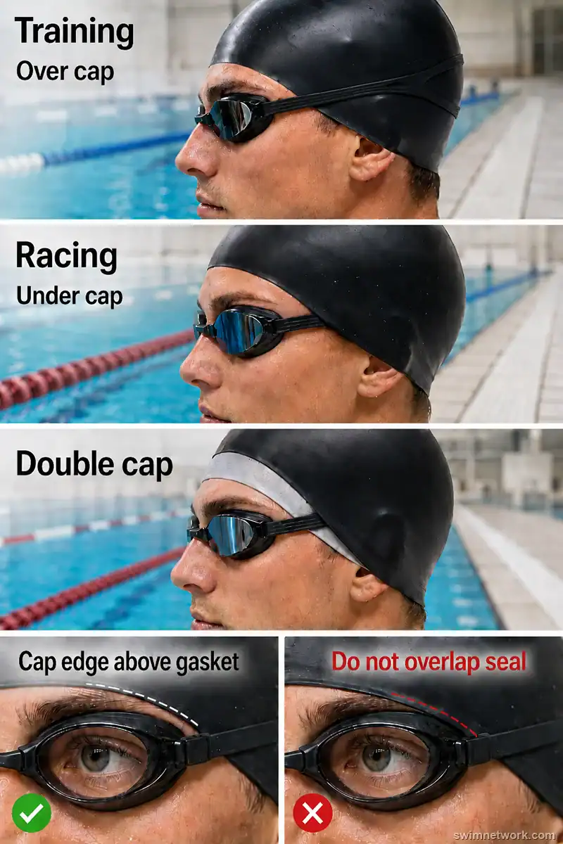 Swim cap and goggle strap placement guide showing training, racing, and double-cap setups