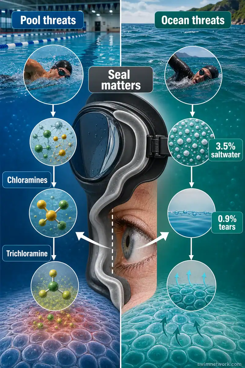 Diagram comparing pool chloramines, ocean salt stress, and the goggle seal that blocks both