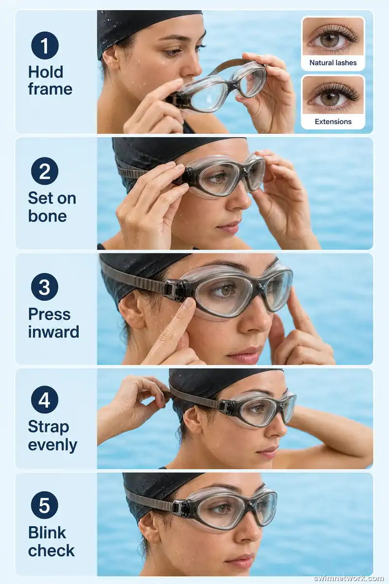Step-by-step diagram showing how to place swim goggles on orbital bone to avoid crushing eyelashes.