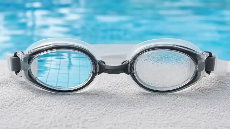 Matching swim-goggle lenses showing clear vision beside patchy condensation