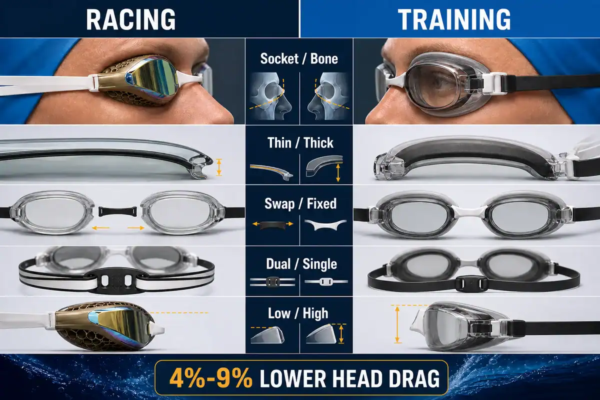 Racing and training goggles compare socket fit, gasket, bridge, straps, and profile in a side-by-side diagram.
