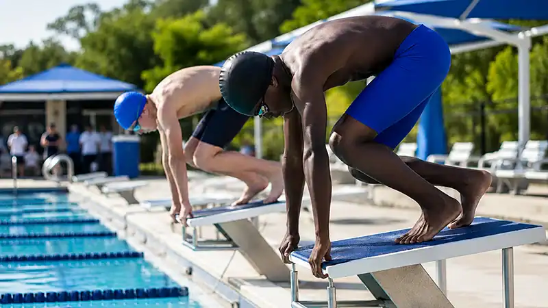Two competitive swimmers crouch on adjacent starting blocks wearing mirrored low-profile racing goggles.