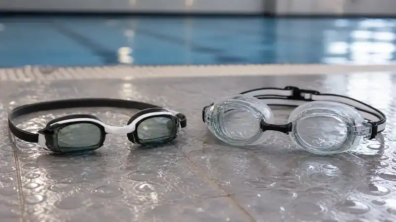 Low-profile racing goggles and cushioned training goggles sit side by side, revealing different lens heights.